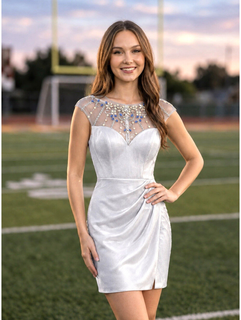 LUCCI LU Silver Lace Sequin Embellished Prom Special Occasion Short Dress Size 2
